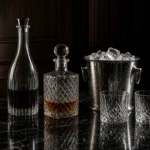 Crystal whiskey decanter with glass and ice bucket on dark marble bar surface