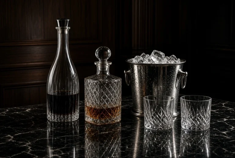 Crystal decanters with whiskey, silver ice bucket, and cut glass tumblers on dark marble countertop