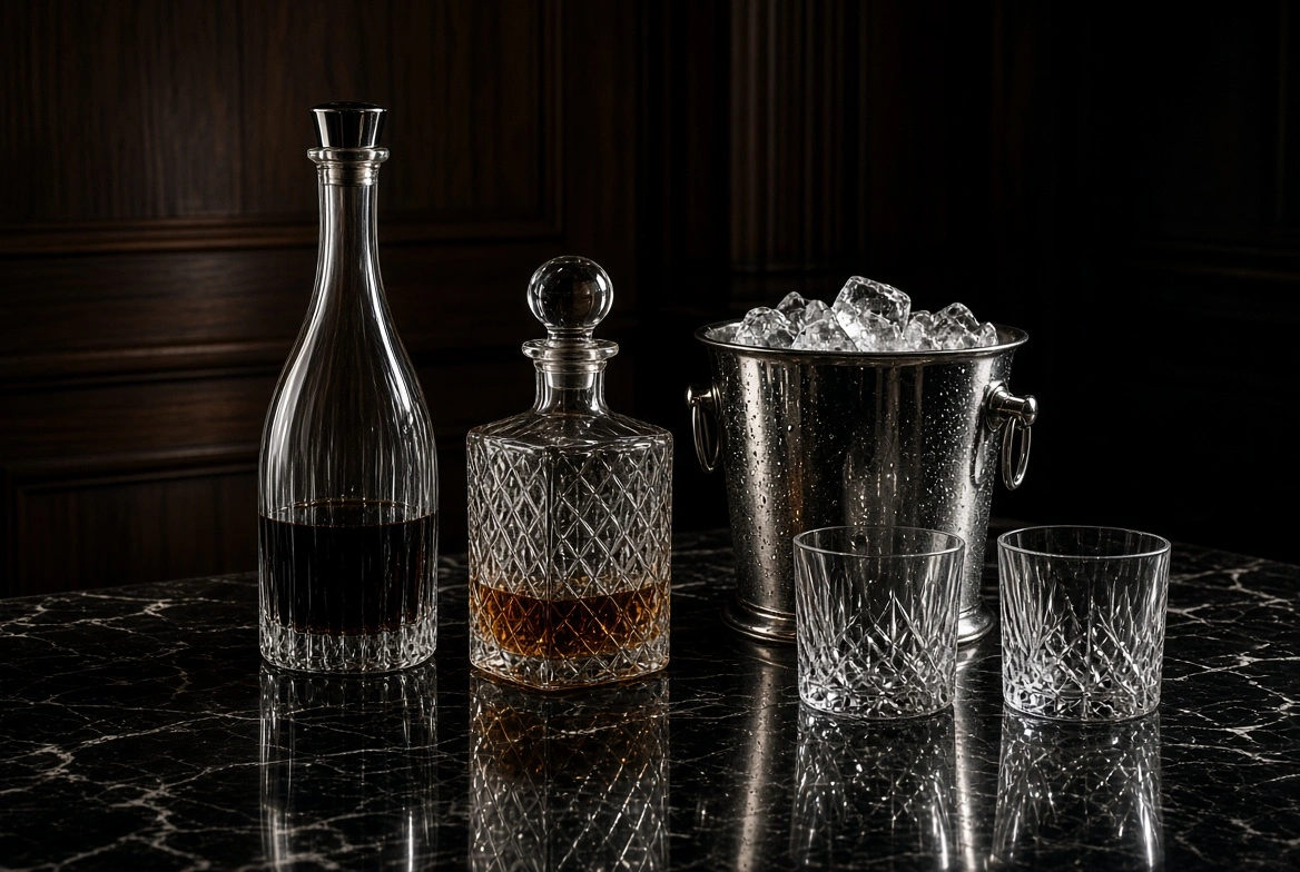 Crystal decanters with whiskey, stainless steel ice bucket, and two cut crystal glasses on dark marble table