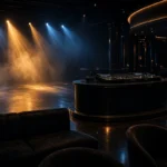 Dark luxury nightclub with a DJ booth, polished floors, black leather seating, and dramatic blue and amber stage lighting creating an energetic atmosphere.
