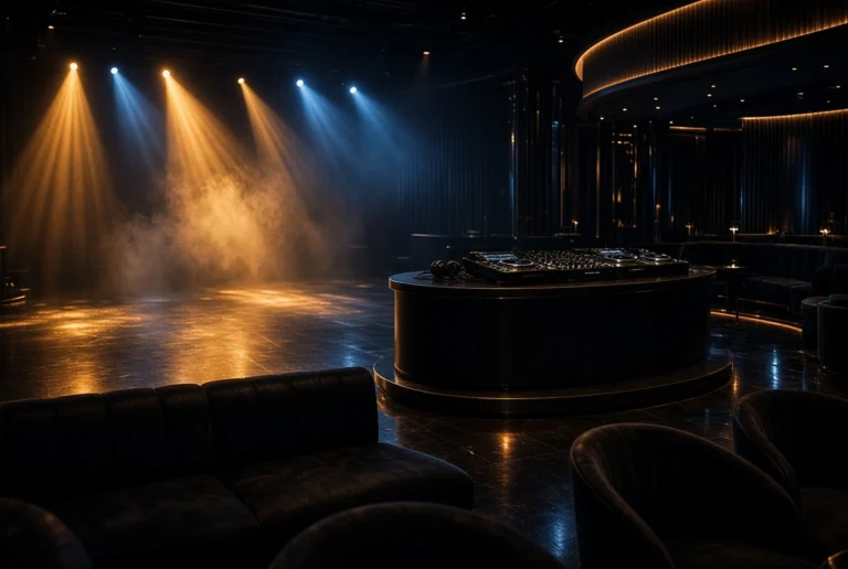 Dark luxury nightclub with a DJ booth, polished floors, black leather seating, and dramatic blue and amber stage lighting creating an energetic atmosphere.