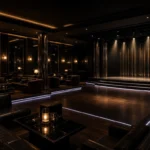 Dark upscale nightclub interior with illuminated bar counter and moody ambient lighting