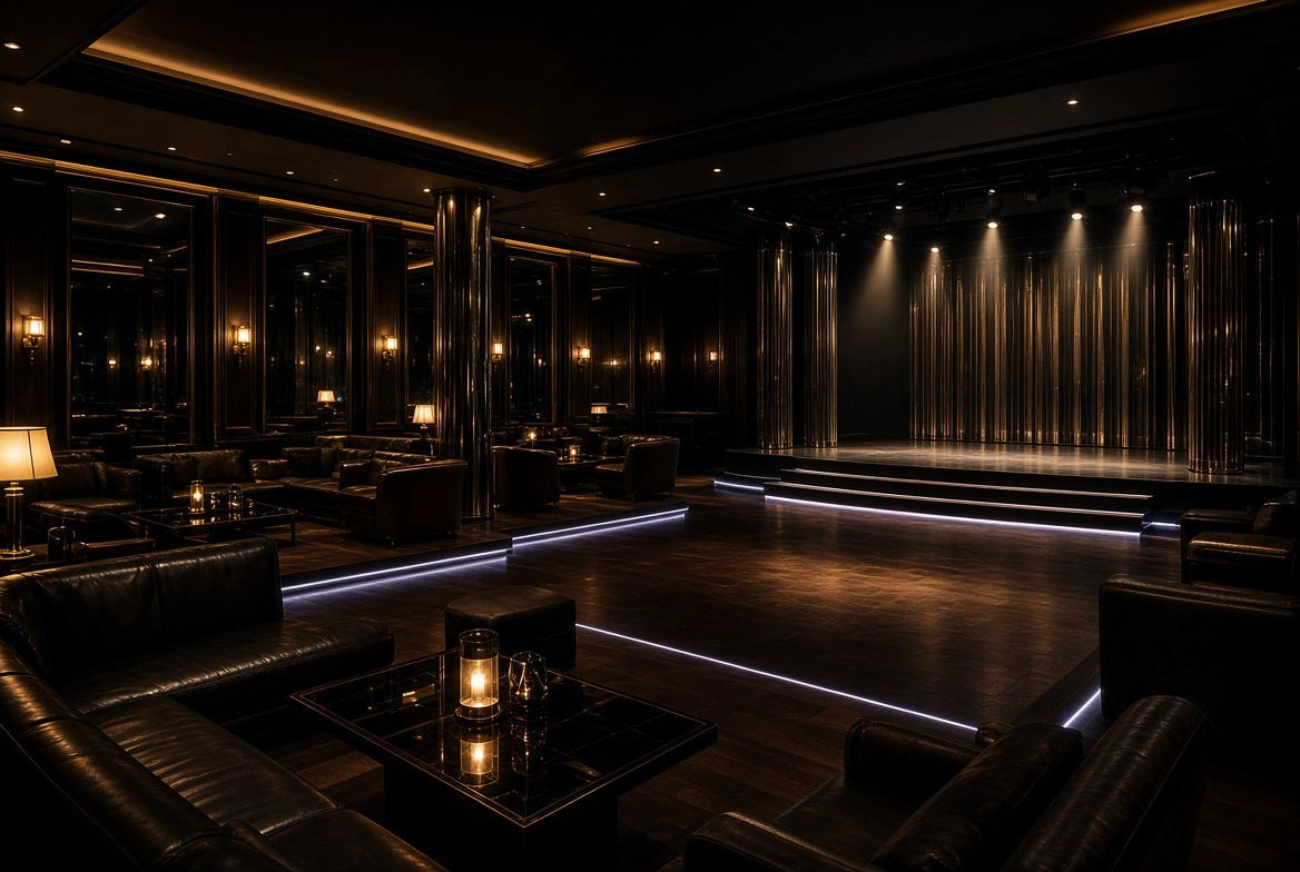 Dimly lit main floor lounge area with stage, LED accent lighting, and plush seating at Mystic Cabaret