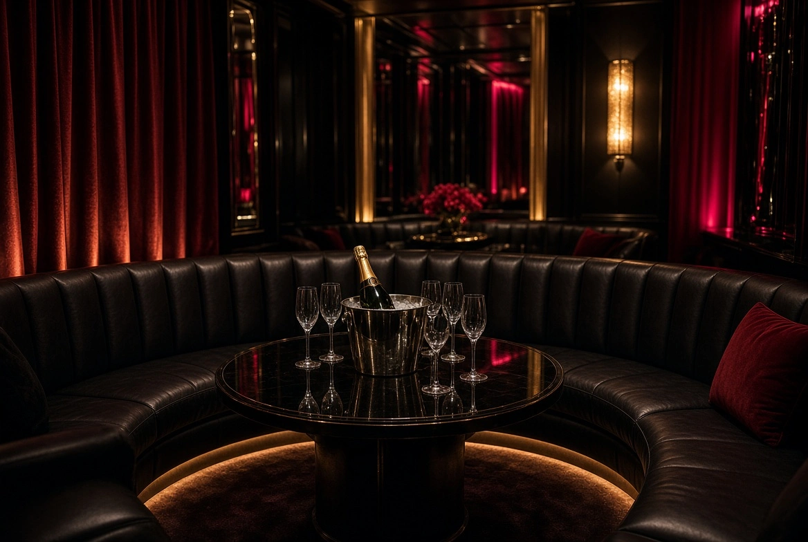 VIP booth with champagne bottle in ice bucket and crystal flutes on round table with black leather seating and red curtains