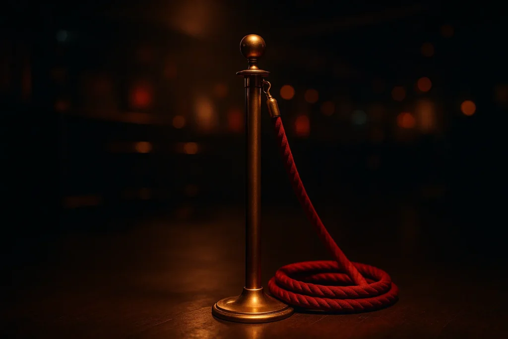 A single, tasteful brass stanchion post with red velvet rope coiled at its base, dramatically lit by a warm spotlight against a dark nightclub backgro...