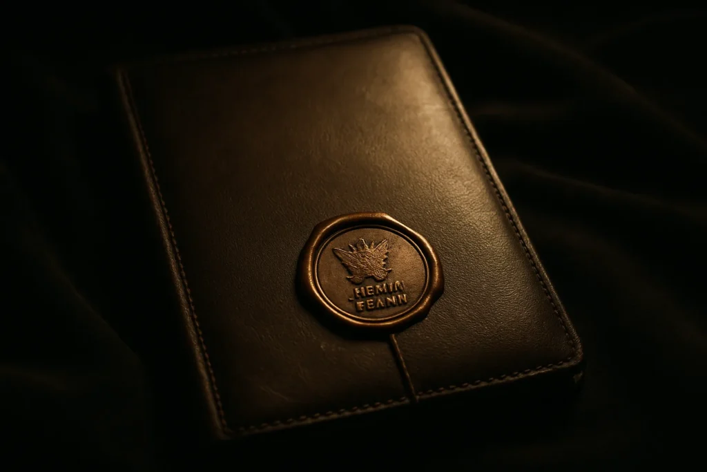 Close-up of a single sealed venue permit folder on dark velvet, an embossed official wax seal glistening, warm low-key lighting, shallow depth of fiel...