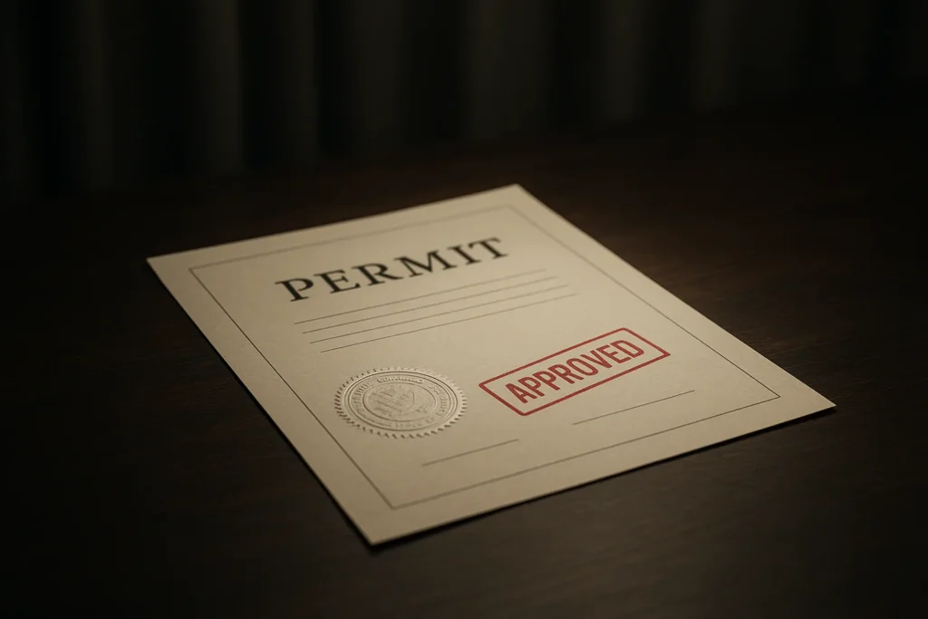 Photo of a single official permit certificate with embossed seal and red approval stamp on dark wooden table, soft overhead spotlight, shallow depth o...