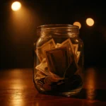 Photorealistic close-up of a transparent tip jar filled with bills and coins on a dim club stage, single warm spotlight illuminating the jar, shallow...