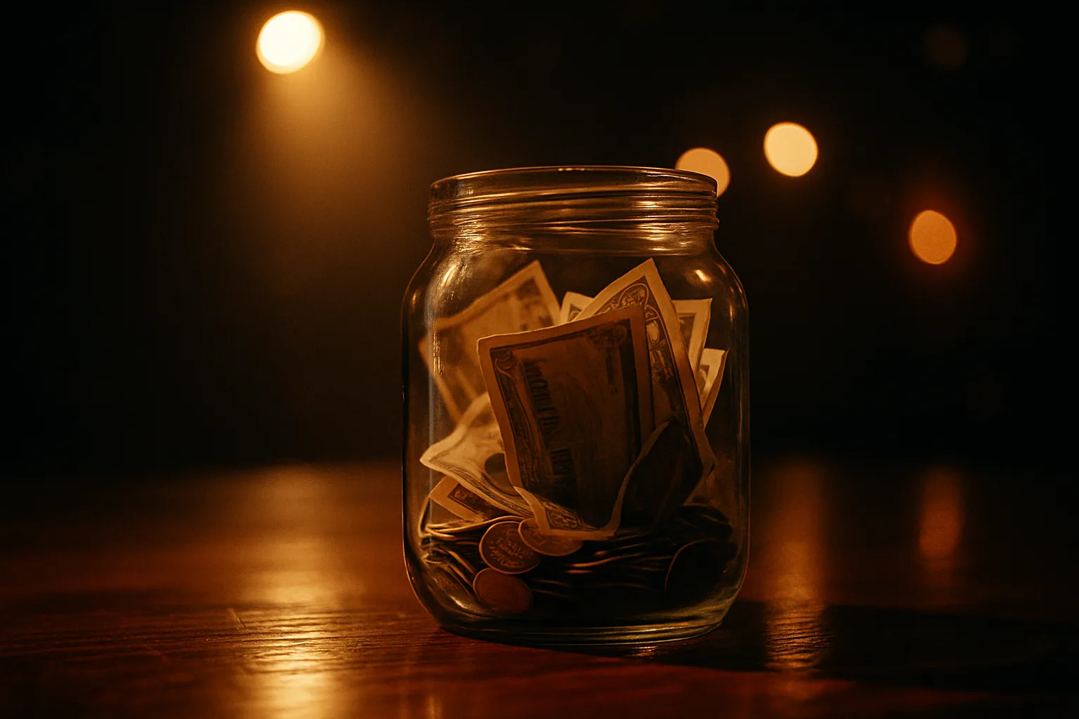 Photorealistic close-up of a transparent tip jar filled with bills and coins on a dim club stage, single warm spotlight illuminating the jar, shallow...