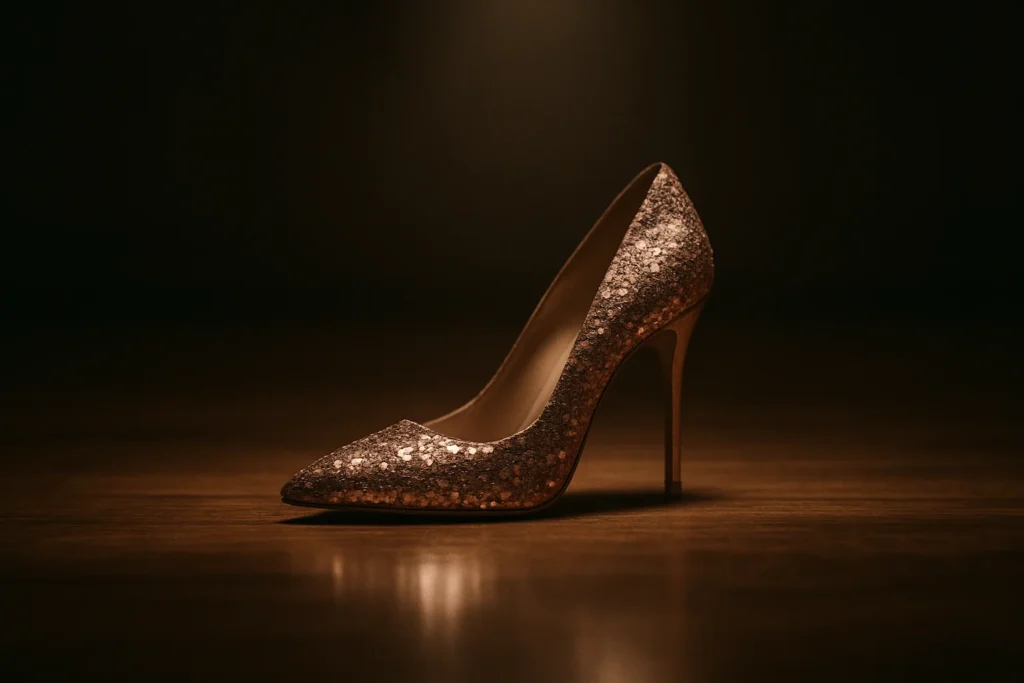 Gold glitter pointed-toe stiletto heel on dark wooden floor with dramatic spotlight