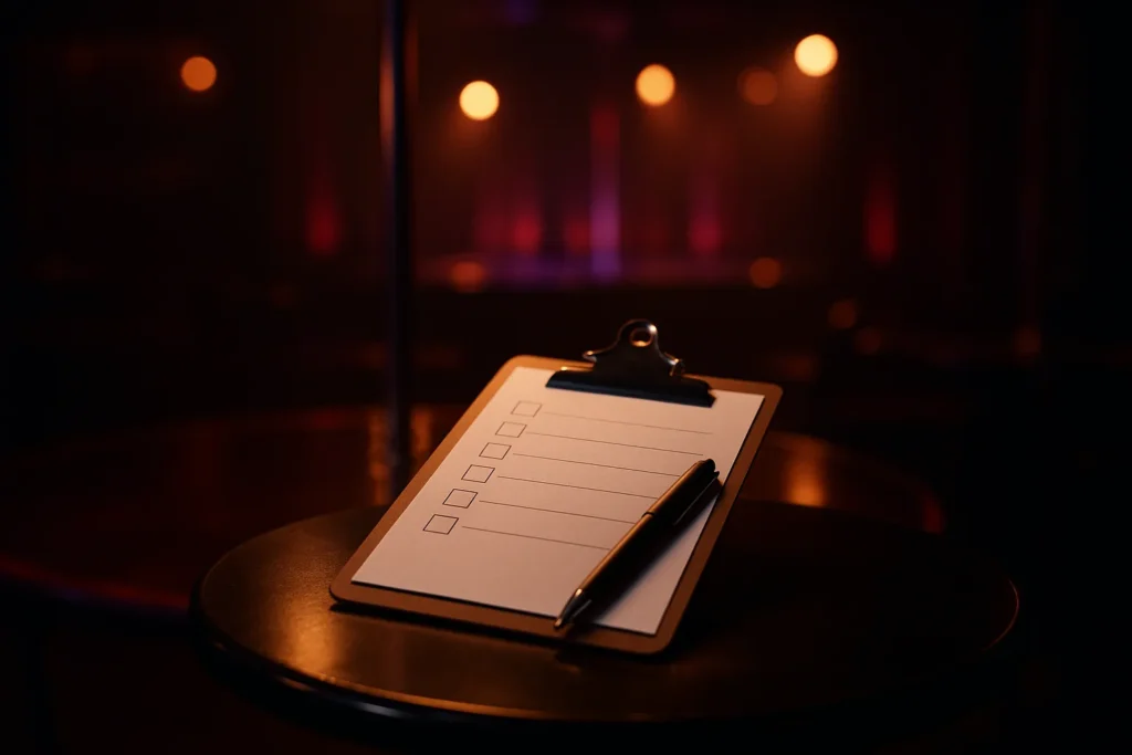 What are the rules of stripping? - Photorealistic featured image: a single object — a clipboard with a blank checklist and pen resting on a glossy nightclub table, soft moody warm spotl...
